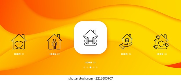 Home Life Set Icon. House, Heart, Love, Support, Man, Barbell, Hand, Virus Protection, Immunity, Quarantine, Sport, Covid 19. Domesticity Concept. Infographic Timeline With 5 Steps. Vector Line Icon.