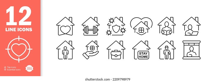 Home life set icon. Quarantine, sport, barbell, remote work, courier, stay, briefcase, incubation period, laptop, read book, virus protection, heart. Domesticity concept. Vector line icon for Business