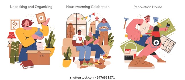 Home Lifecycle set. Stages of moving, from unpacking and organizing to housewarming celebration and home renovation activities. Warm, welcoming atmosphere. Vector illustration.