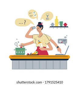 Home lifestyle. Busy mother, multitasking woman. Busy super mother working at home. Woman freelancer working on laptop at home. Vector flat style illustration.
