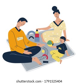 Home lifestyle. Father and mother playing toys with child sitting on floor. Cartoon flat vector illustration.