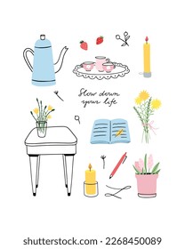 Home lifestyle hand drawn set. Cozy clipart with teapot, books, candles, coffee cups and flowers