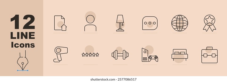 Home and lifestyle set icon Document, profile, lamp, chat, globe, medal, hairdryer, five stars, dumbbell, console, bed, briefcase. Lifestyle, home, leisure