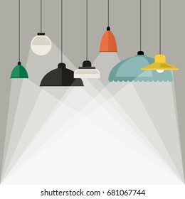 Home light background with lamps icons in flat style. Vector banner with lighting.
