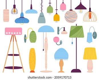 Home light elements. Lantern and lamps, interior lamp design. Contemporary sketch chandelier, modern art pendants. Furniture decent vector set