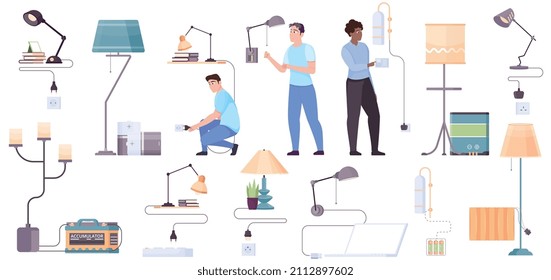 Home light set with electricity and charging symbols flat isolated vector illustration