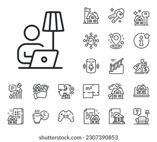 Home light sign. Floor plan, stairs and lounge room outline icons. Floor lamp line icon. Interior illuminate symbol. Floor lamp line sign. House mortgage, sell building icon. Real estate. Vector