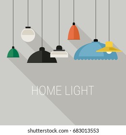 Home lighting icons with long shadow. Vector flat banner with hanging lamps.