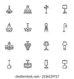 Home lighting line icons set, outline vector symbol collection, linear style pictogram pack. Signs, logo illustration. Set includes icons as table lamp, floor lantern, torchiere, chandelier, candles