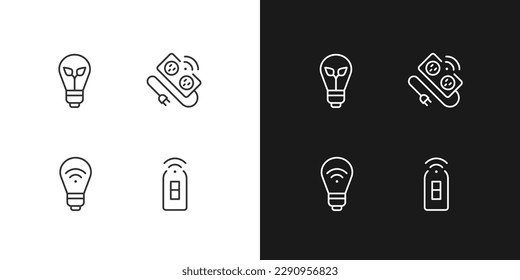 Iconos lineales perfectos para píxeles de iluminación residencial para el modo oscuro y claro. Bombilla inteligente de bajo consumo. Banda de energía innovadora. Símbolos delgados para la noche, tema del día. Ilustraciones aisladas. Trazo editable