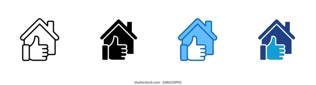 Vector de diseño de íconos de estilo múltiple: casa con los pulgares hacia arriba, que simboliza la satisfacción, la Aprobación o la propiedad recomendada