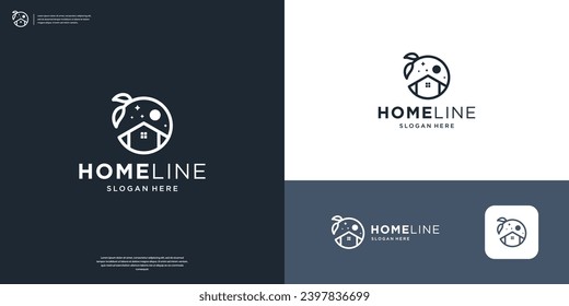 Home line art logo with circle leaf and moon icon