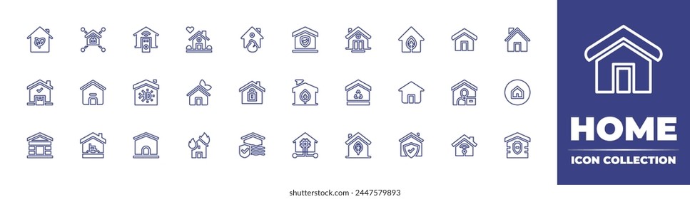 Home line icon collection. Editable stroke. Vector illustration. Containing fire, air conditioner, green house, home, retirement home, delivery, lock, dog house, flooded house.