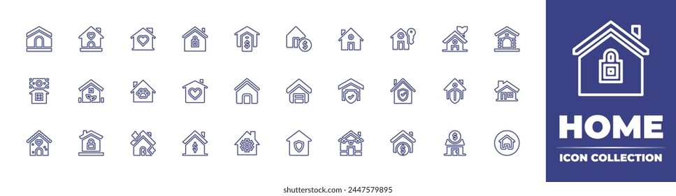 Kollektion des Startliniensymbols. Bearbeitbarer Strich. Vektorillustration. Enthaltendes Haus, Eigentum, Lebkuchen, Haustier freundlich, Haus, Öko, Automatisierung, Sicherheit, Versicherung.