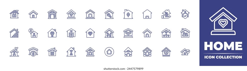 Icono de línea de inicio colección. Trazo editable. Ilustración vectorial. Conteniendo construcción, reparación del hogar, bienes raíces, pago a plazos, casa del perro, casa ecológica, casa, casa inteligente, trabajo desde casa.