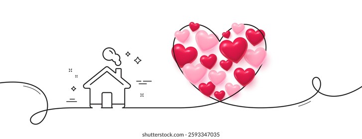 Home line icon. Continuous line big heart. House sign. Building or Homepage symbol. 3d hearts in heart shaped loop. Home single line ribbon. Loop curve pattern. Vector