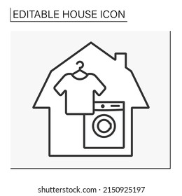  Home Line Icon. Laundry Service Inside The House. Washing Machine And Ironing The Clothing.Living Room. House Concept. Isolated Vector Illustration. Editable Stroke