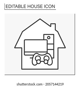  Home line icon. Play room. Computer and joystick for playing games. Furnished home.House concept. Isolated vector illustration. Editable stroke