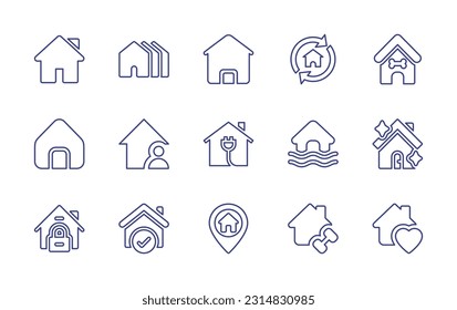 Home line icon set. Editable stroke. Vector illustration. Containing home, houses, renovation, dog house, house, smart home, flooded house, love.