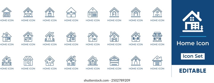 El conjunto de iconos de línea de casa presenta varios estilos de casa, incluidos diseños modernos, clásicos y ecológicos. Perfecto para proyectos inmobiliarios, inmobiliarios y relacionados con el hogar. Gráficos de Vector editables.