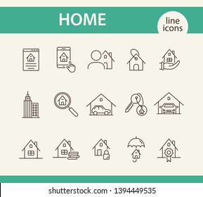 Home line icon set. House, garage, key, lock, cash. Home concept. Can be used for topics like real estate, mortgage, property