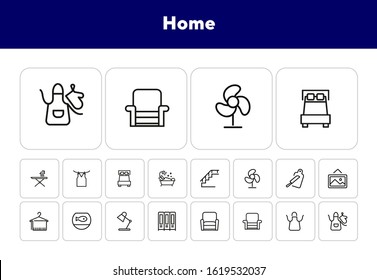 Home line icon set. Set of line icons on white background. Desk lamp, cupboard, hanger, aquarium. Home sweet home concept. Vector illustration can be used for topics like interior, furniture