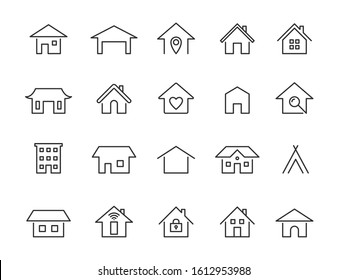 Home line icons. Modern outline houses app signs. Website interface and hotel buildings residency vector linear symbol set