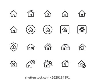 Home line icons set. Simple symbols with house, real estate, apartment or property. Editable stroke. Design element for app or websites. Outline vector illustration collection isolated on background