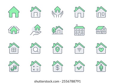 Home line icons. Vector illustration include icon - country house, property, cottage, chimney, homepage, residential building outline pictogram for real estate. Editable Stroke, Green Color.