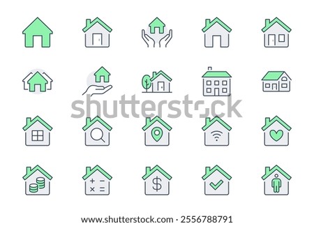 Home line icons. Vector illustration include icon - country house, property, cottage, chimney, homepage, residential building outline pictogram for real estate. Editable Stroke, Green Color.