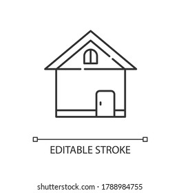 Icono lineal del hogar. Frente de la casa. Pequeña empresa. Conservar en el exterior. Construcción residencial. Ilustración personalizable de línea delgada. Símbolo de contorno. Dibujo de contorno aislado del vector. Trazo editable