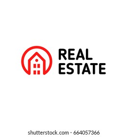Home linear vector logo. Smart house line art red and black logotype. Outline real estate icon.