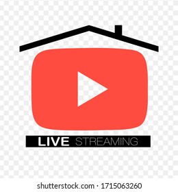 Home Live streaming flat logo - red vector design element with play button. Vector stock illustration.