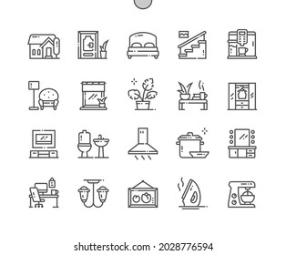 Home and living. House, door, bed, stairs, wardrobe, bathroom and other. Makeup table. Pixel Perfect Vector Thin Line Icons. Simple Minimal Pictogram