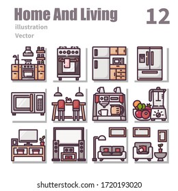 Home and living icons color symbol, vector and illustration set 1