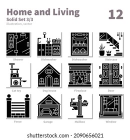Set für die Heim- und Wohnungssymbole, Solid-, Vektorgrafik- und Illustrationssatz 3