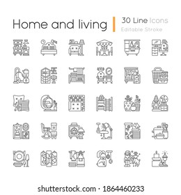Home and living linear icons set. House decor. Contemporary style. Kitchen appliances. Home textile. Customizable thin line contour symbols. Isolated vector outline illustrations. Editable stroke