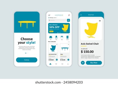 Home Living Mobile Apps UI, UX, shopping, products details. Mobile furniture interface vector template.