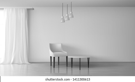 Home living room, apartment, house hall realistic vector sunny interior template. Chair and coffee table near empty white wall, glossy laminate on floor, long white curtain on window rod illustration