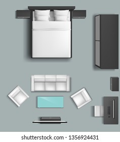 Home living room and bedroom furniture set in top view interior 3d realistic vector mockup. Double bed with side cabinets, wardrobe, sofa and armchairs, coffee table in from of TV-set, work desk