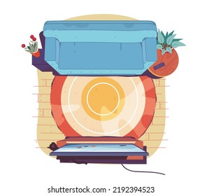 Home living room indoor interior top view with empty sofa, TV set screen. Couch furniture, carpet, plants, cat pet. Television entertainment, leisure, domestic comfort flat vector illustration