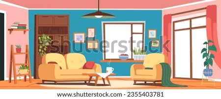 Home living room indoor interior. Empty sofa, armchair, bookcase, potted plants rack, shelf, coffee table, windows, lamp, picture decorations. Domestic comfortable furniture flat vector illustration