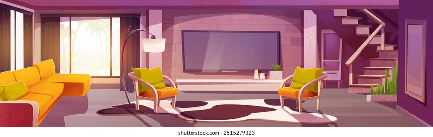 Startseite Wohnzimmer im Innenraum Design Cartoon Hintergrund. Wohnung mit Treppe zum zweiten Stock im Wohnzimmer. Luxuriöse und gepflegte Lobby mit gelbem Sofa und Sessel. Gemütliches Dekor und Sonnenlicht