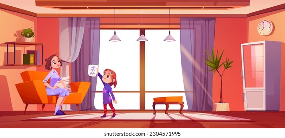 Home living room interior with child show draw to mother cartoon background illustration. Window with curtain and sofa furniture in apartment lounge with preschool character exhibit crayon scribble