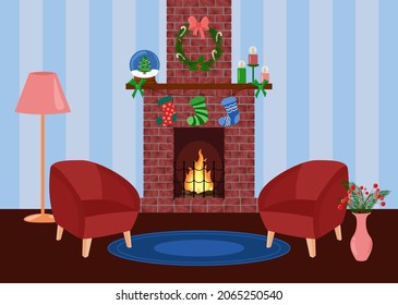 Home living room interior. Christmas living room. Two armchairs near fireplace. Winter holidays fireside concept. New year cozy indoors. Vector flat illustration.