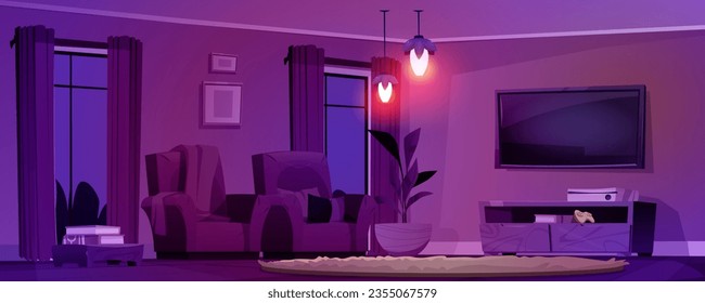 Home living room interior at night cartoon vector background. Modern house apartment with cozy armchair, tv and carpet of floor. 2d comfortable furnished flat livingroom with lamp light glow.