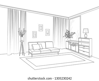 Home living room interior. Outline sketch of furniture with sofa, shelving, table. Living room drawing design. Engraving hand drawing illustration