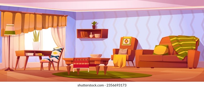 Interior de la sala de estar con sofá y fondo de dibujos animados de mobiliario. Diseño de apartamentos en casa interior con salón y lugar de sueño. Apartamento de estilo bohemio retro amueblado con decoración en estante concepto panorámico