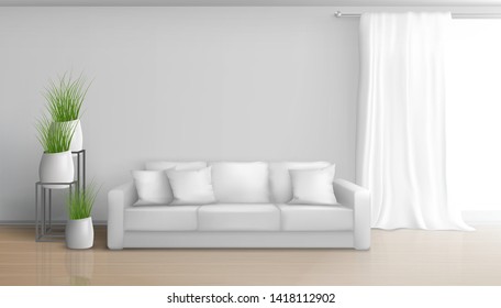 Home living room minimalistic, sunny interior in white colors realistic vector mockup with sofa on laminate floor, long, heavy curtain on window rod, ceramic flowerpots with green plants illustration