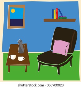 Home living space in a hand drawn style with furniture including a coffee table, chair, decorative painting and a shelf of books to read